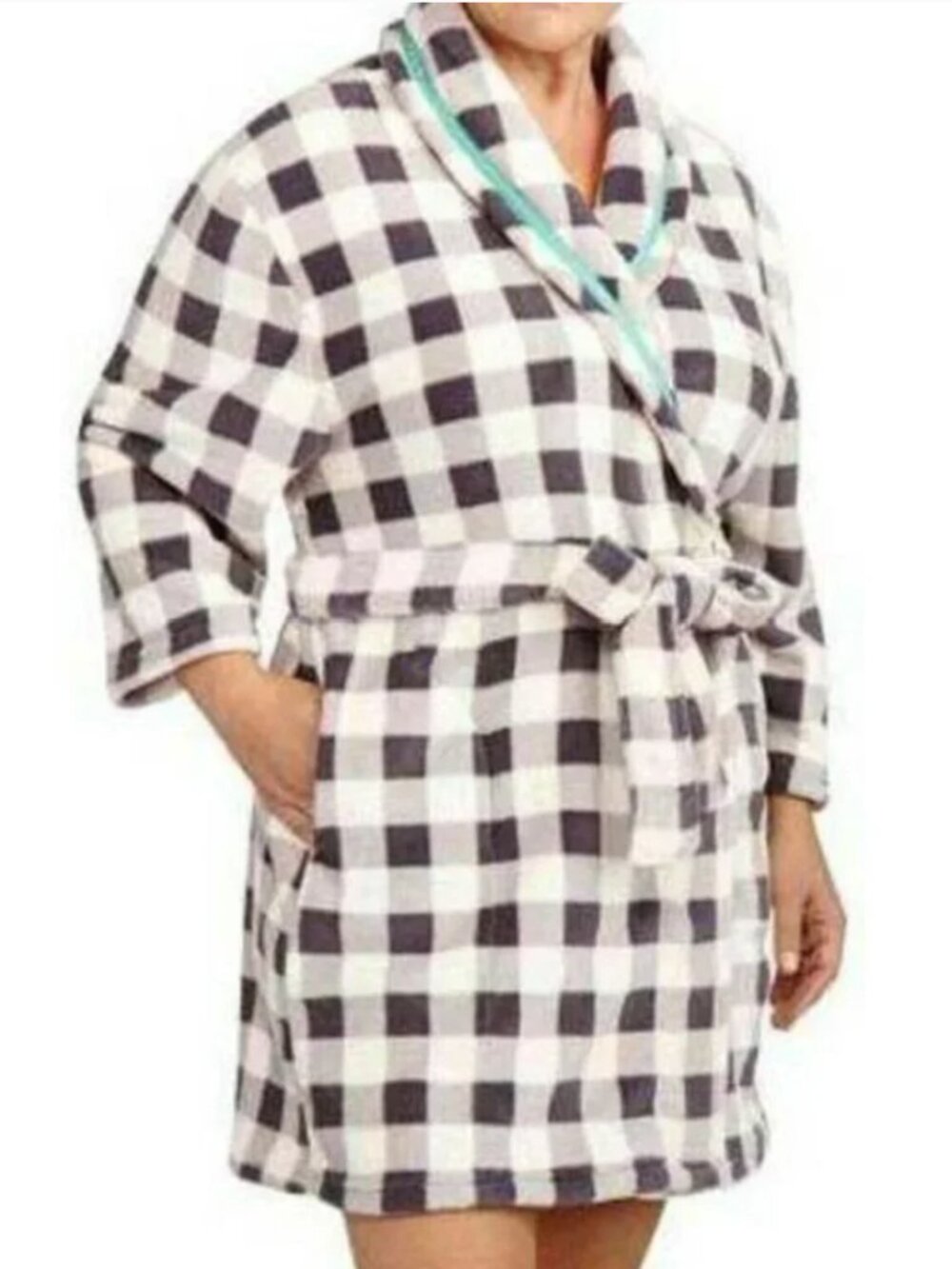 Dearfoams Winter Robe Womens 2X Silver Plaid Plush Long Sleeve Fleece Plus